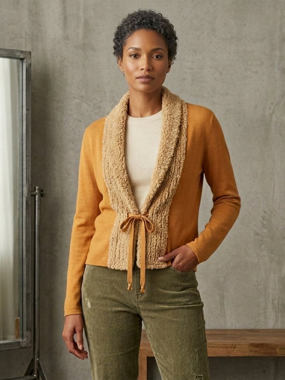 Michael Simon Silk Cotton Cardigan Mustard Faux‎ Shearling Collar Tie Front